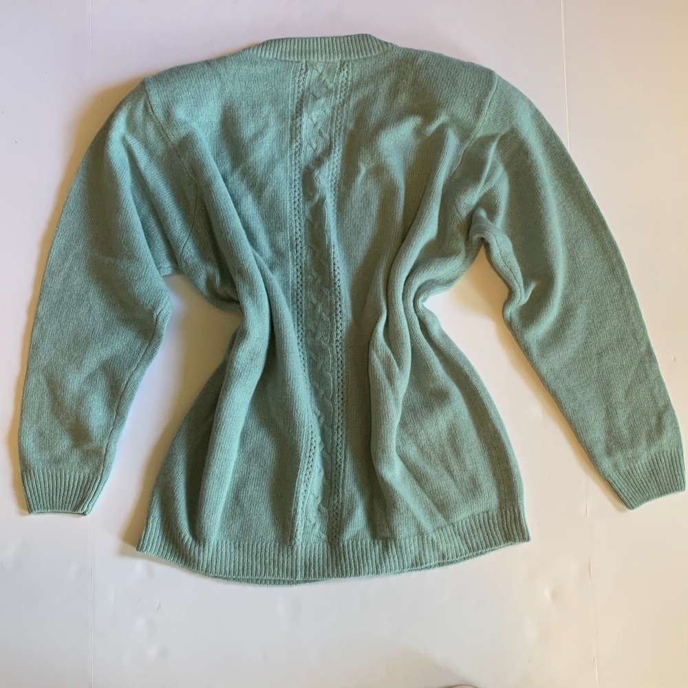 Talbots Lambswool‎ Angora Cardigan Seafoam Green Cable Knit Padded Shoulder - Picture 3 of 7
